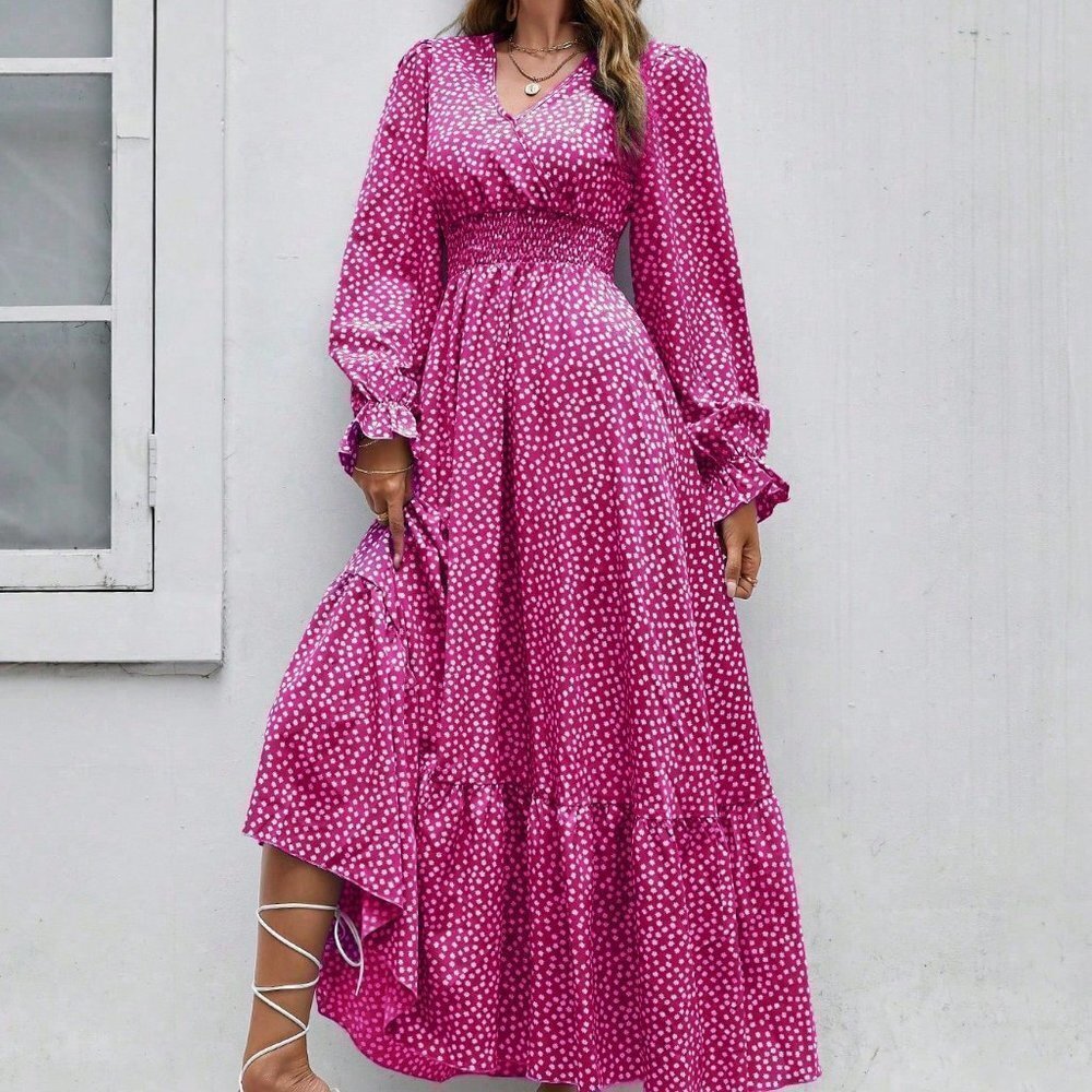 Pink Boho Womens Ditsy Floral Print Flounce Sleeve Shirred Dress - Picture 5 of 5